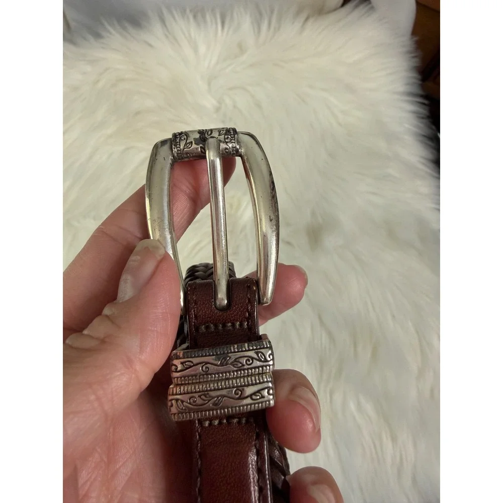 Talbots -‎ Western Style Brown Braided Leather Belt Size Medium Silver Buckle